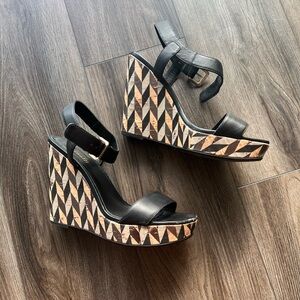 Minelli Leather and Cork Wedge Heels, Size 41